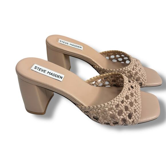 Steve Madden Heels Size 8 Mania Woven Block Heel Sandals Blush Nude Slip On Mule - Picture 12 of 12